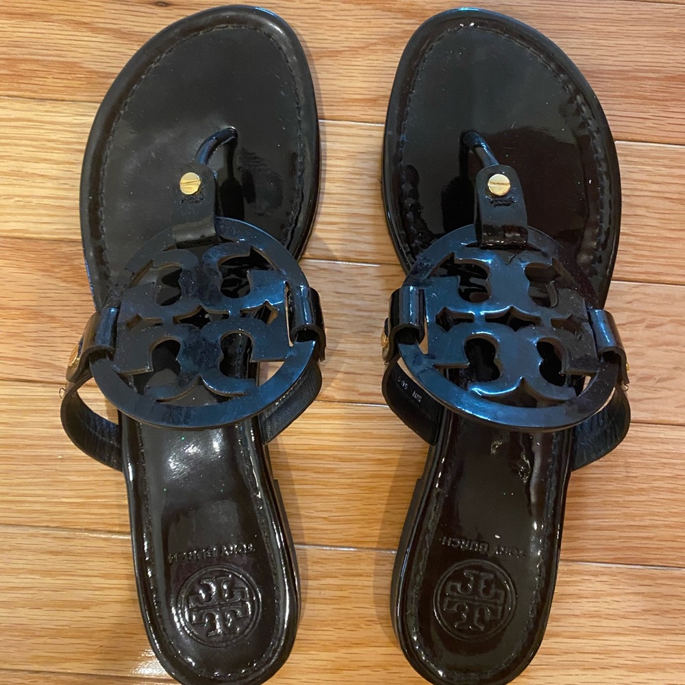 Black patent leather Tory Burch Miller sandals